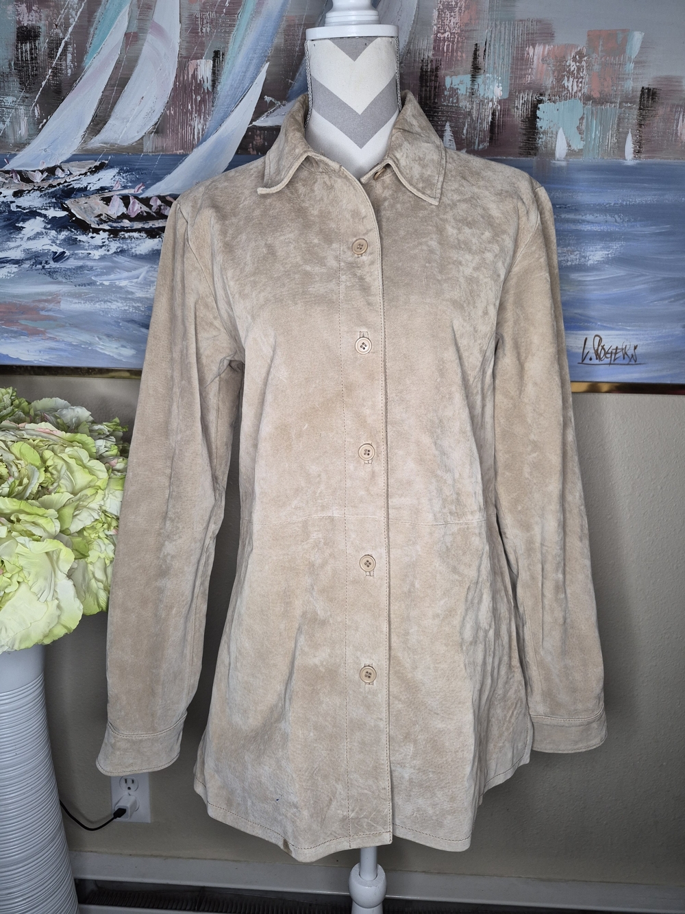 Vintage Women's Taupe Suede Button-Front Leather Jacket